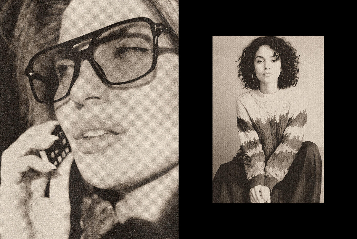 Sepia tone split, man in large frames with phone left, woman in patterned sweater right
