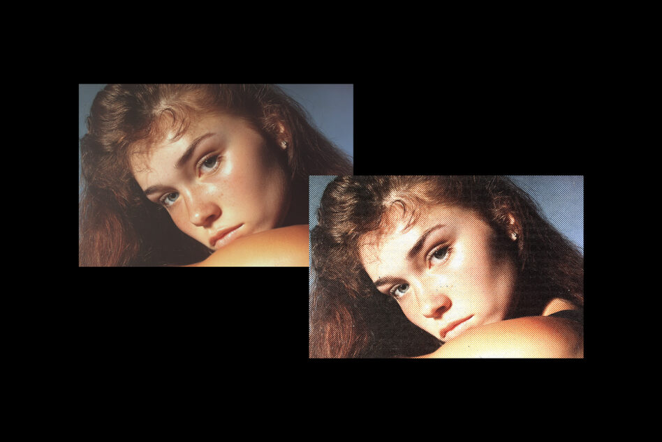 Two overlapping portrait shots of woman with 1940s styling, one sharp one pixelated