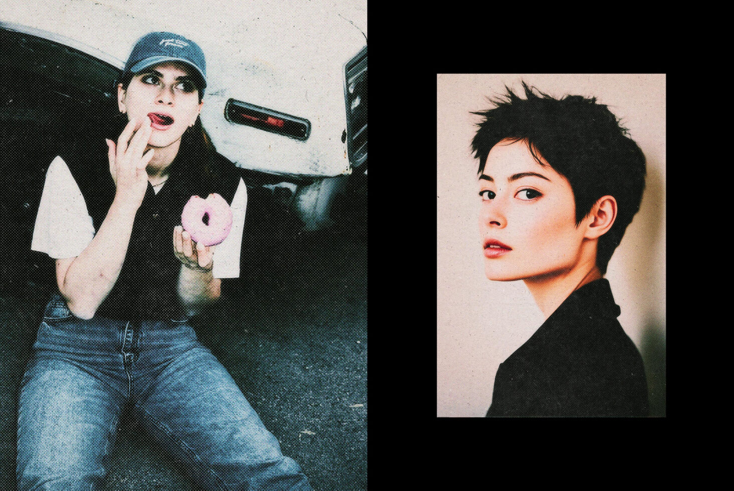 Two portrait photos arranged side-by-side, left shows person with cap holding donut, right shows clean profile shot