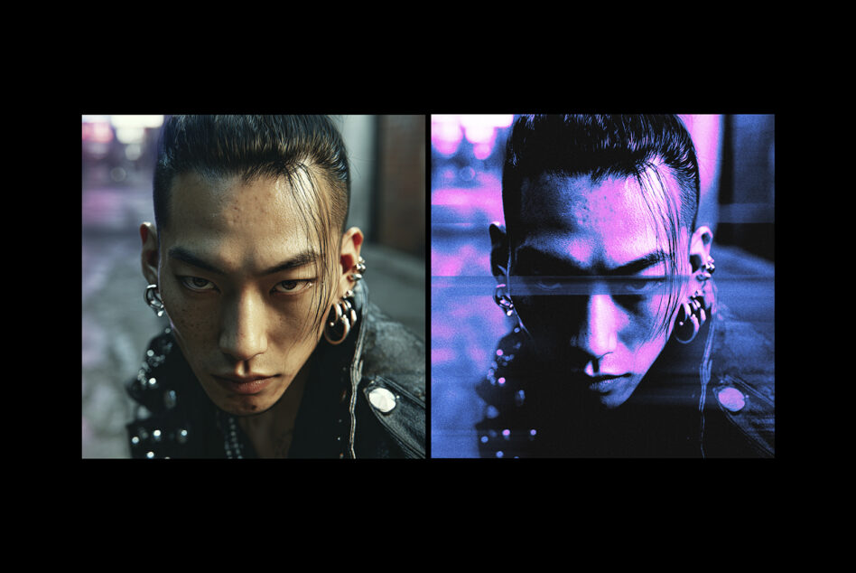 Two-shot of person with styled hair comparing neutral tone with vibrant neon lighting