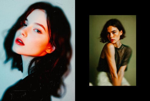 Two portrait photos split layout, left shows profile of woman with dark hair, right shows young woman looking over shoulder on green background