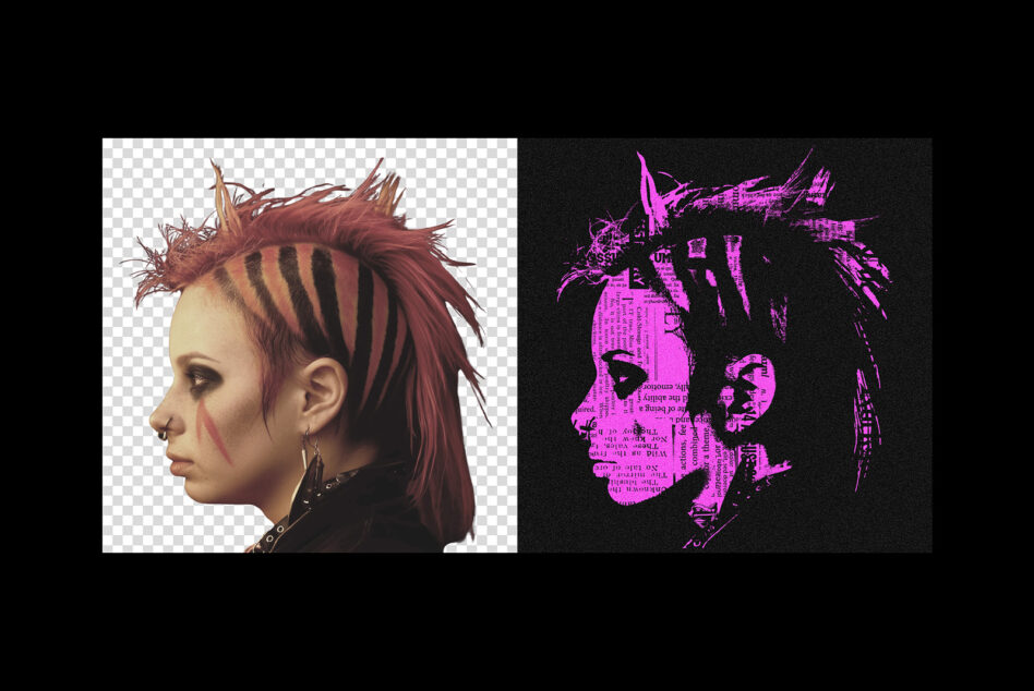 Before after portrait mockup showing punk girl with striped hair in color then neon magenta