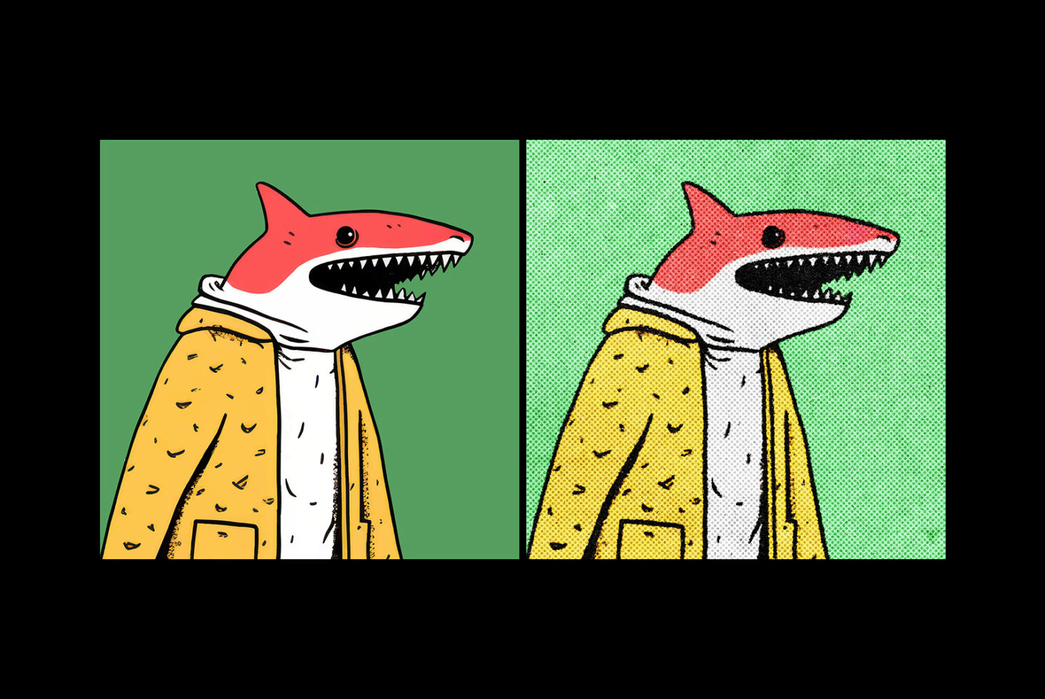 Retro shark mascot in coat with teeth shown in flat color plus halftone print effect