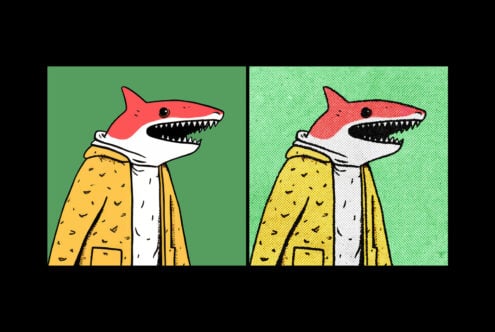 Cartoon shark illustration in yellow jacket on green backgrounds. Graphic asset for designers. Ideal for creative templates, marketing visuals.