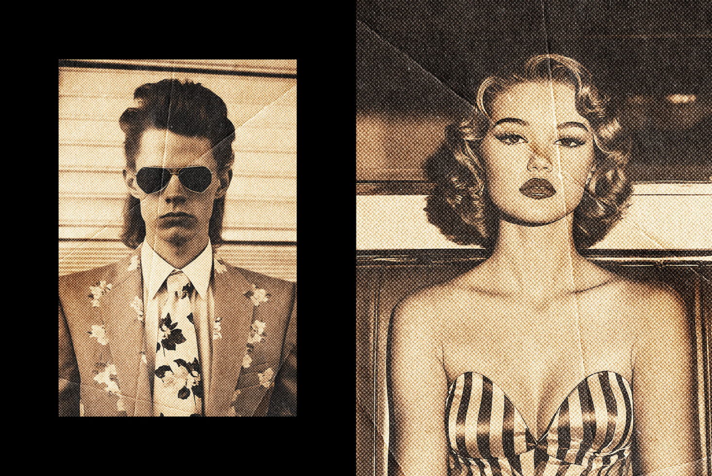 Retro halftone split showing cool man in sunglasses, glamorous woman portrait