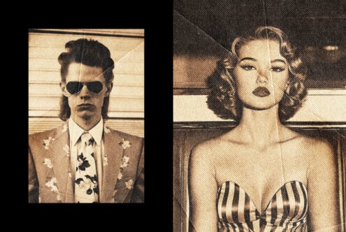 Retro halftone split showing cool man in sunglasses, glamorous woman portrait