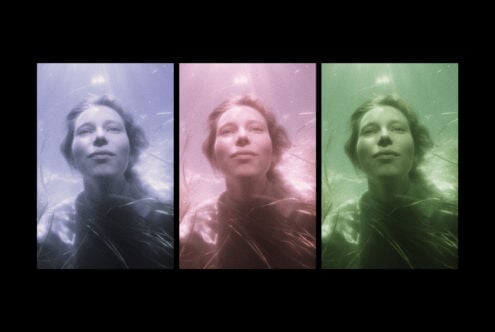 Three tinted portrait variations in purple, pink, green with dreamy light glow