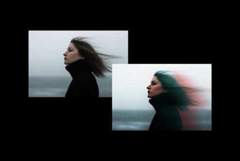 Female silhouette with motion blur, layered composition shot against misty ocean
