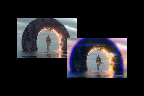 Sci-fi archway with astronaut before, same scene with neon glitch effect after