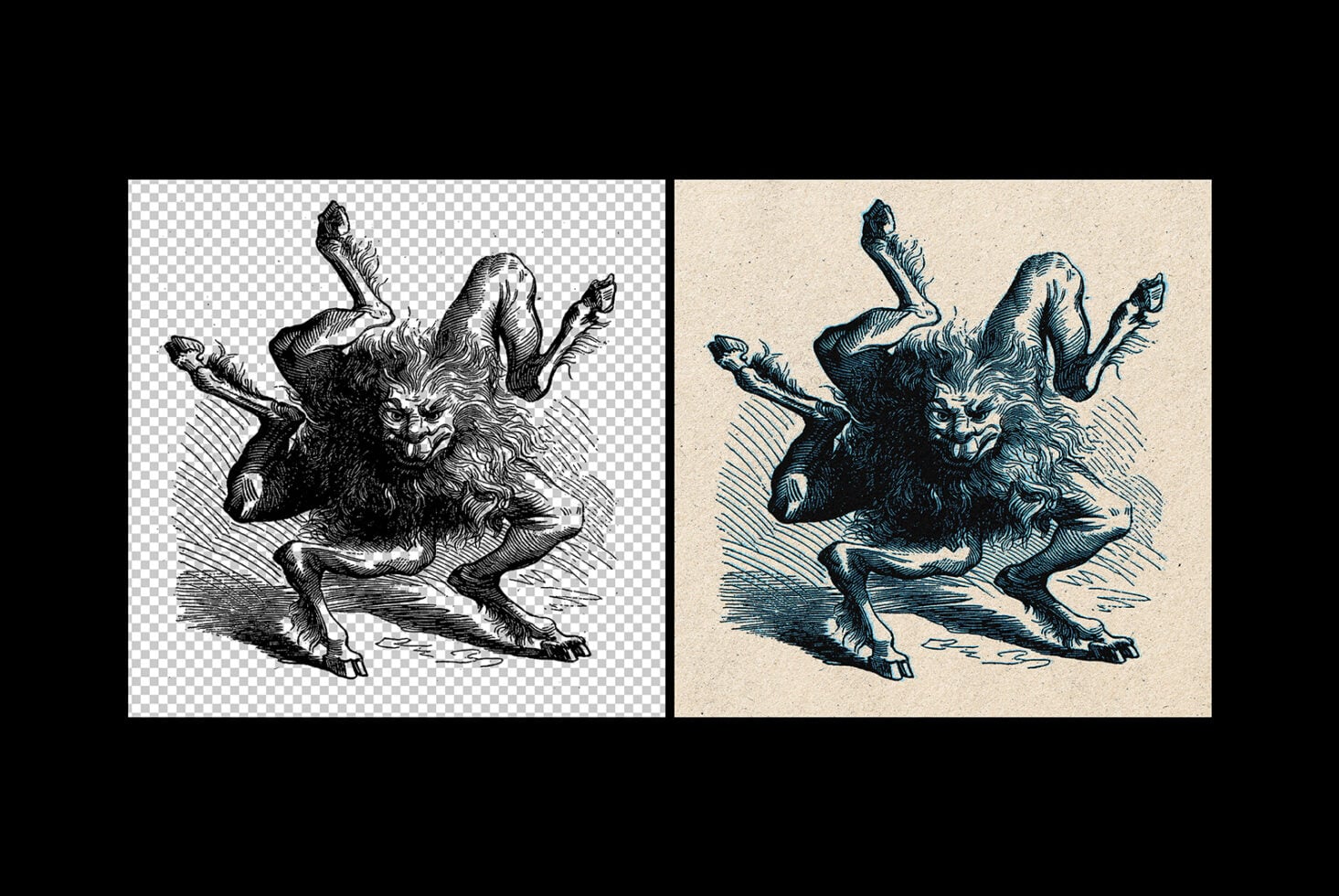 Vintage engraving of a hairy demon creature with multiple arms dancing wildly