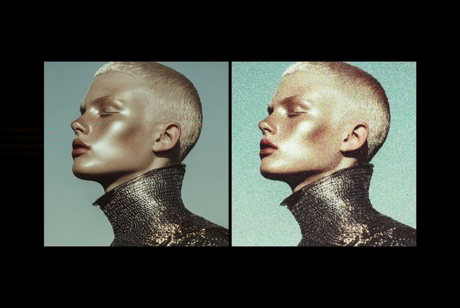 Digital asset of fashion portrait with metallic texture effect suitable for graphic designers. Ideal for templates, mockups, high fashion design.