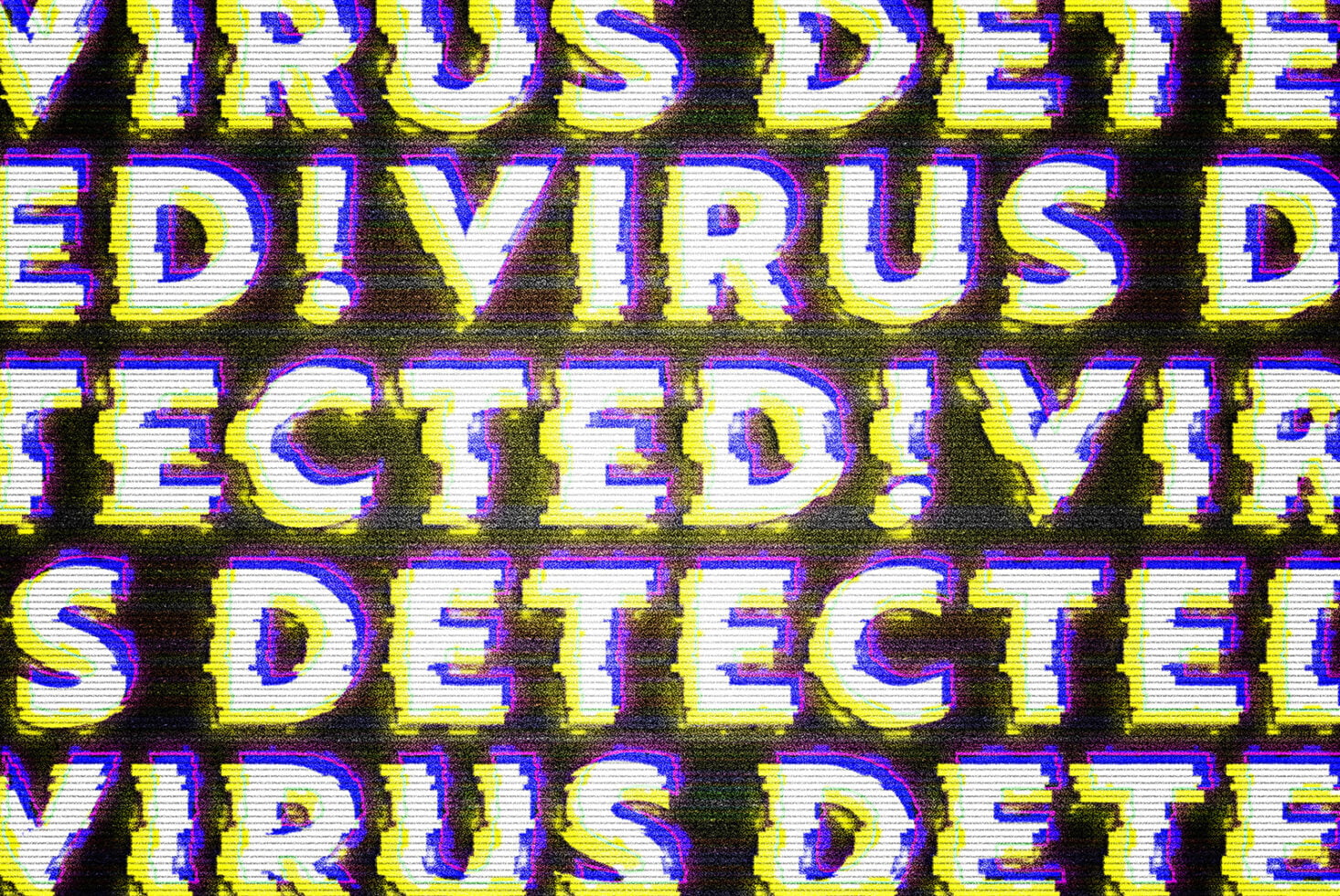 Bright neon glitch text repeating vertically yellow blue magenta on dark background
