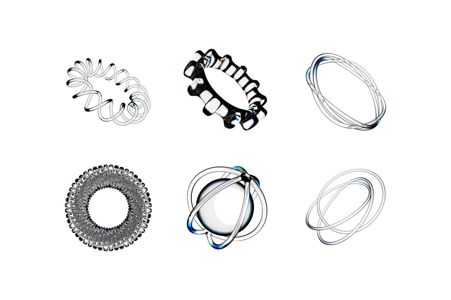 Six wavy liquid glass rings with chrome accents in different abstract shapes
