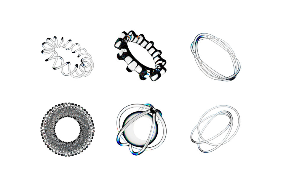 Six wavy liquid glass rings with chrome accents in different abstract shapes