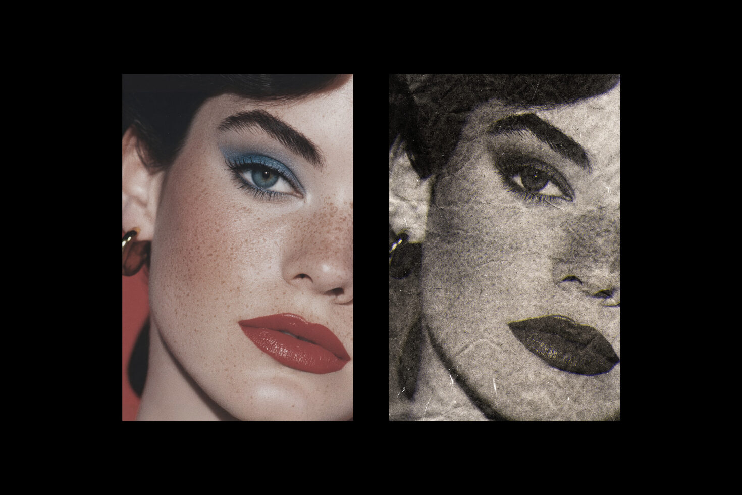 Side-by-side portrait showing vibrant color version next to aged grain effect
