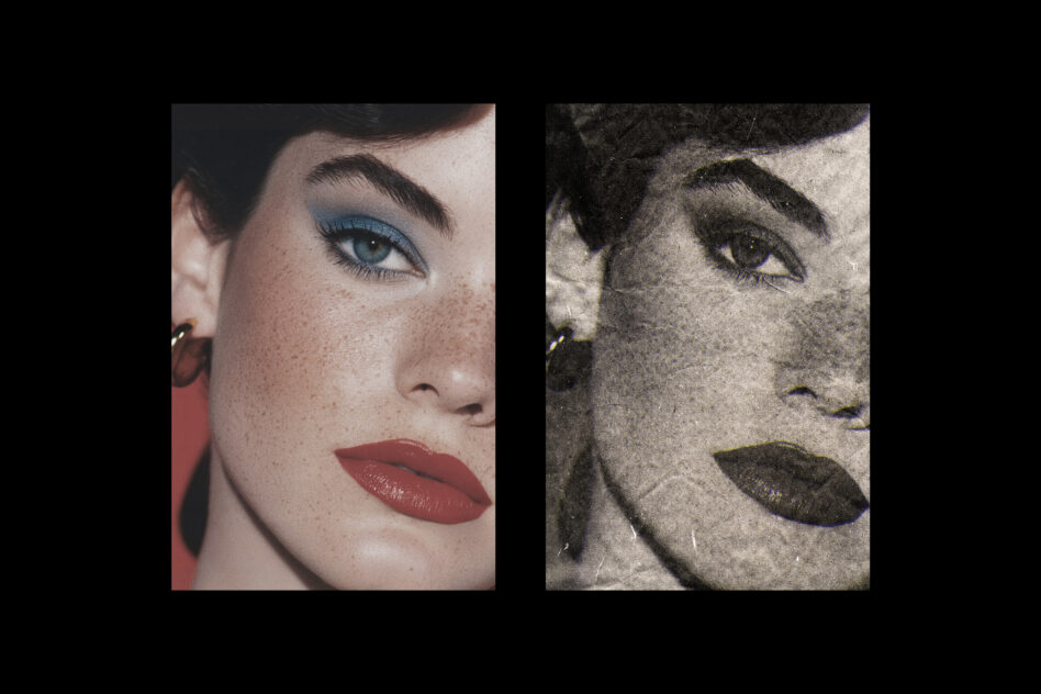 Side-by-side portrait showing vibrant color version next to aged grain effect