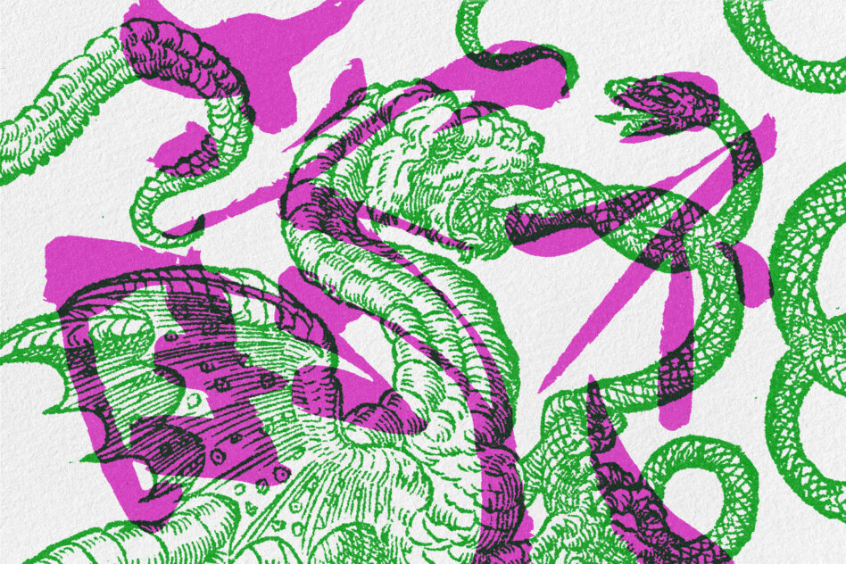 Tangled octopus tentacles with engraved texture in lime green, magenta, black overlay