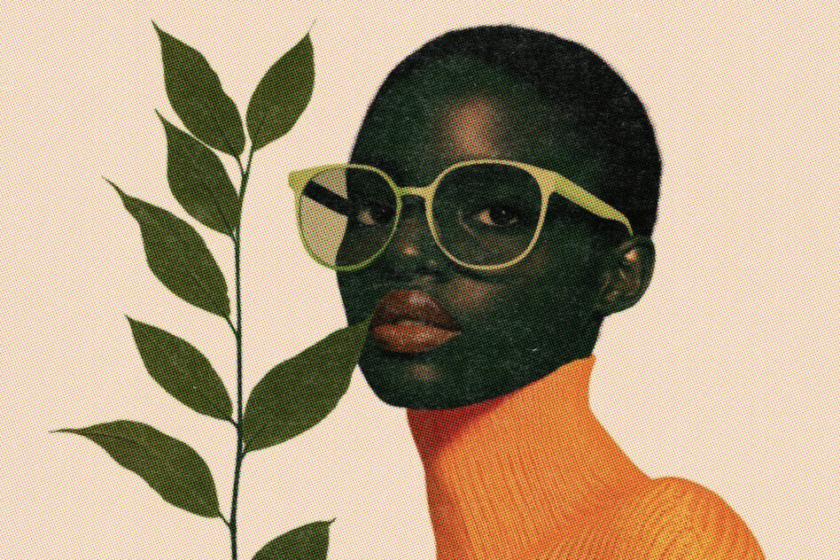 Portrait of woman in yellow sunglasses with green leaf branch, orange shirt, halftone print style