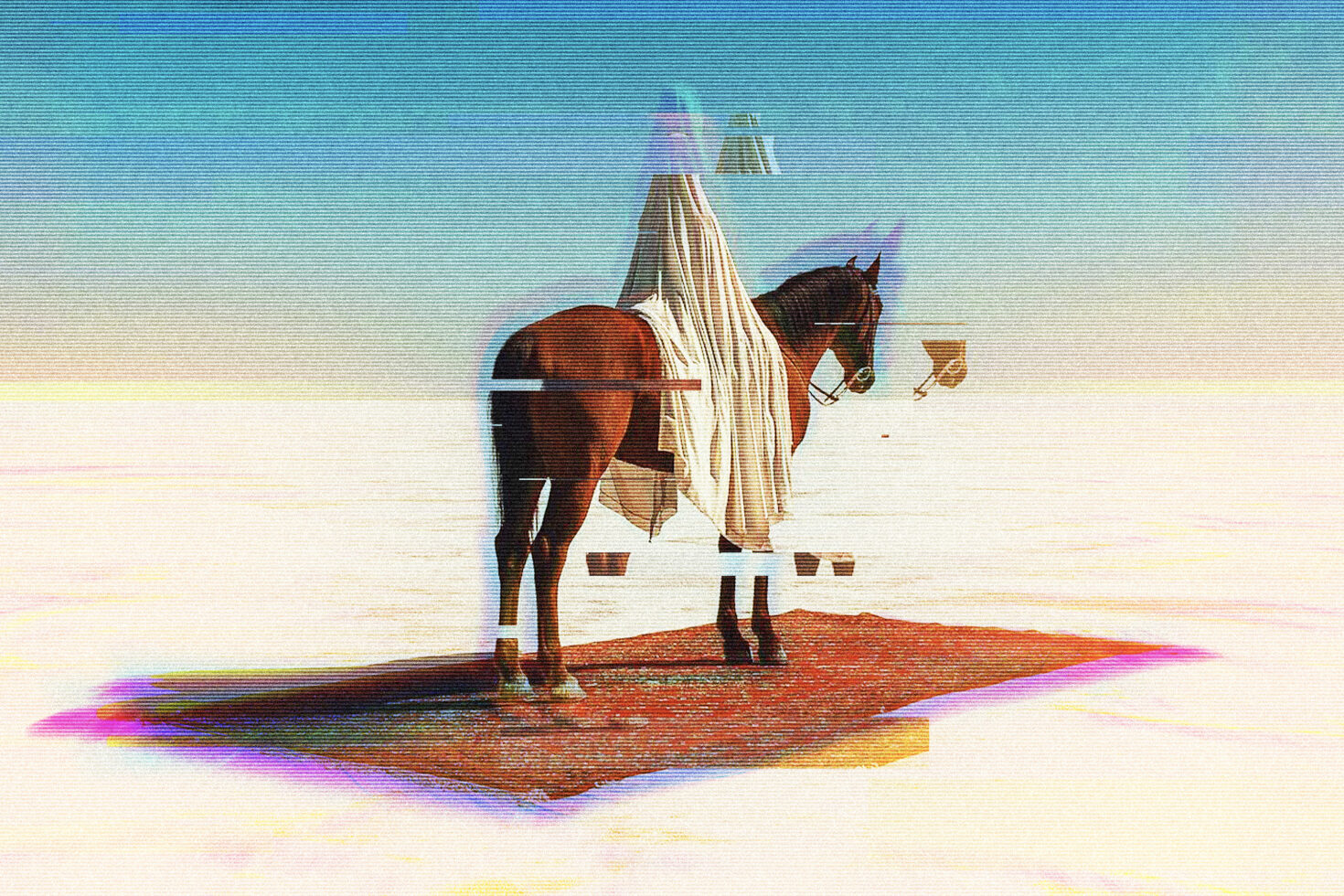 Figure in white robe on horse, desert scene with RGB color shift overlay
