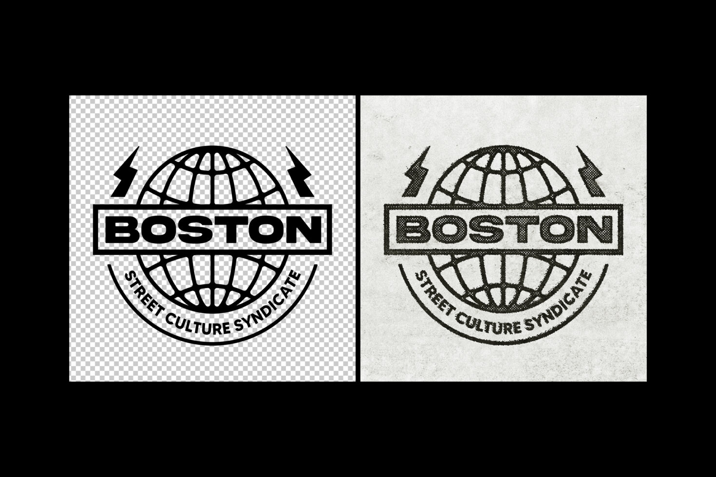 Boston street culture syndicate globe logo shown transparent on left, textured on right