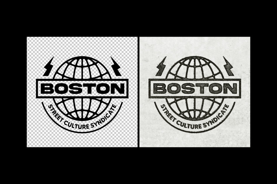 Boston street culture syndicate globe logo shown transparent on left, textured on right