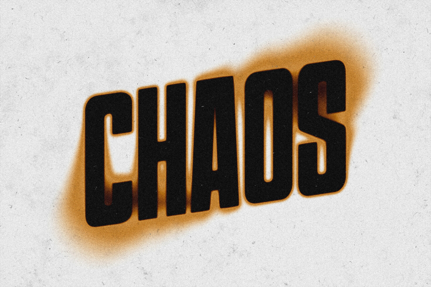 Black bold text reading CHAOS with orange glow effect on textured paper