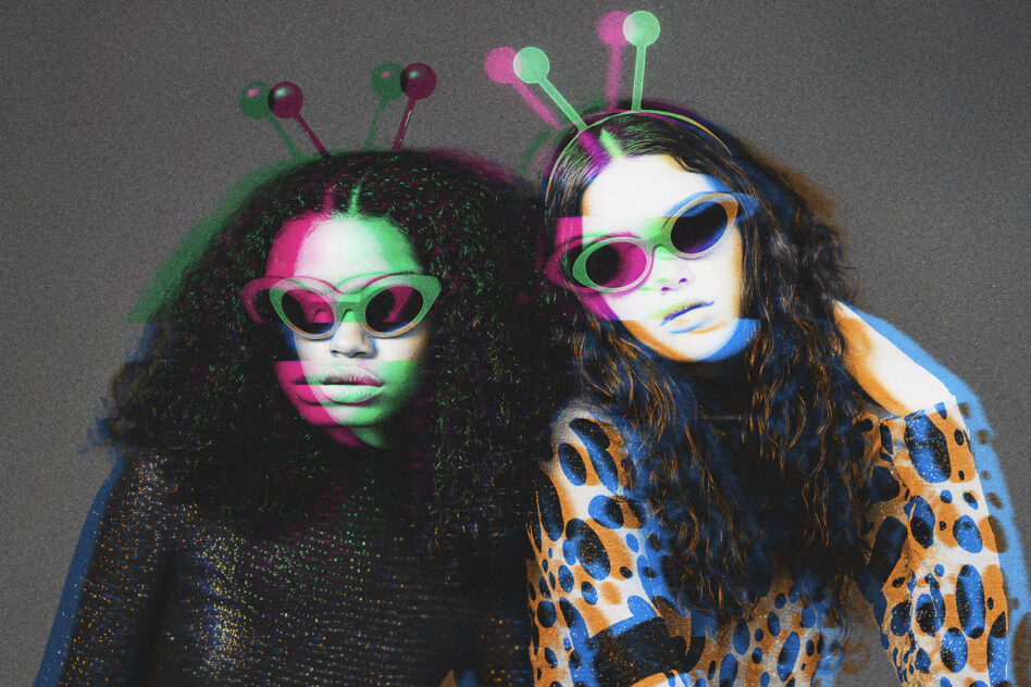 Two women wearing antenna headbands and sunglasses in a colorful glitch effect, ideal for graphic design projects, vibrant and trendy digital art asset.