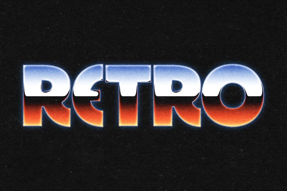 Retro text with blue to orange gradient glow against dark starry backdrop