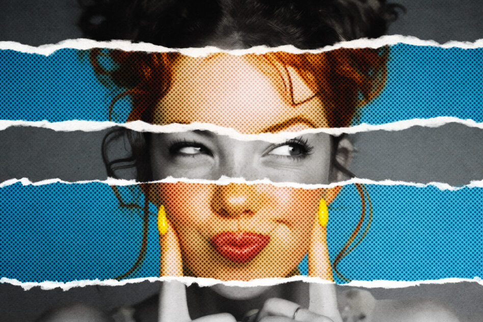 Eyes peeking through torn horizontal strips with turquoise, orange halftone patterns
