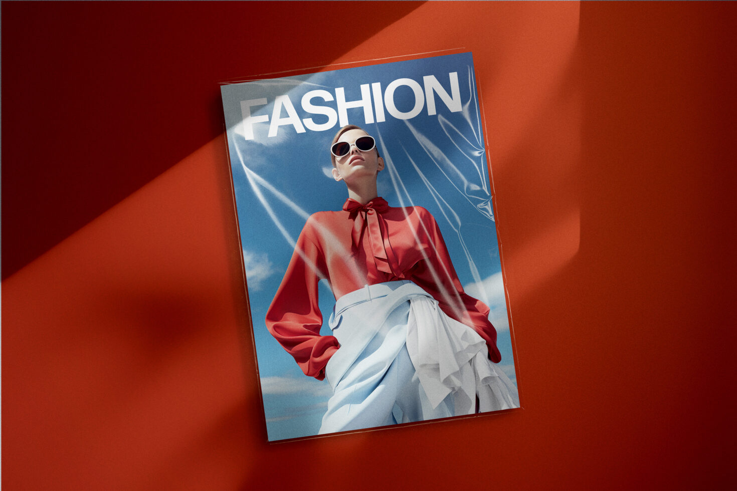 Fashion magazine mockup with model in red blouse on vibrant orange background