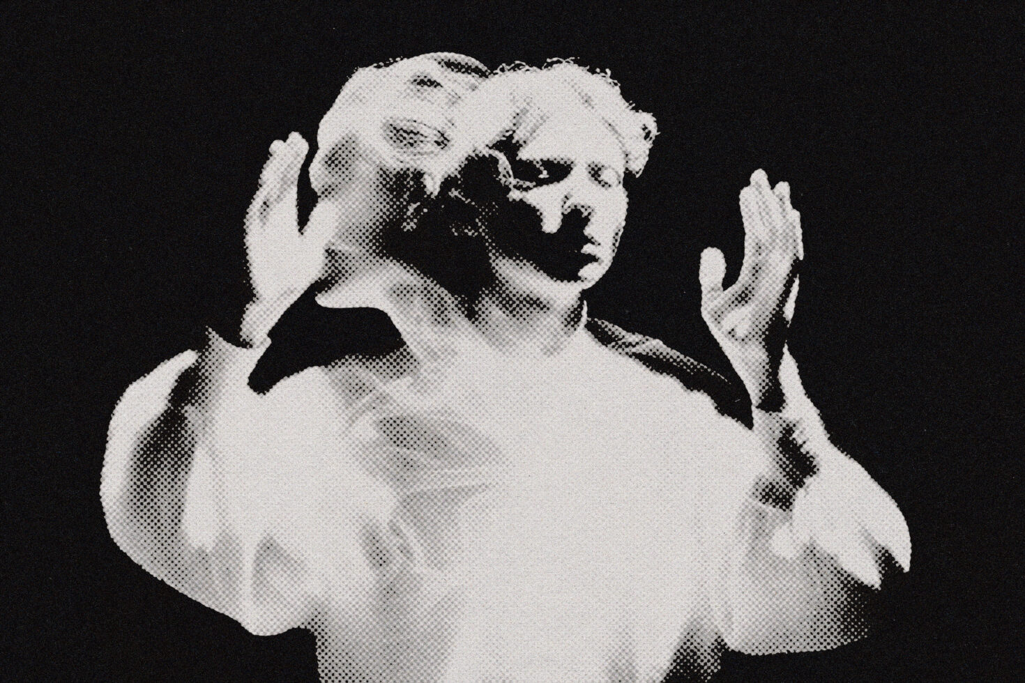 Classical halftone cherub statue rendered in grayscale dot pattern