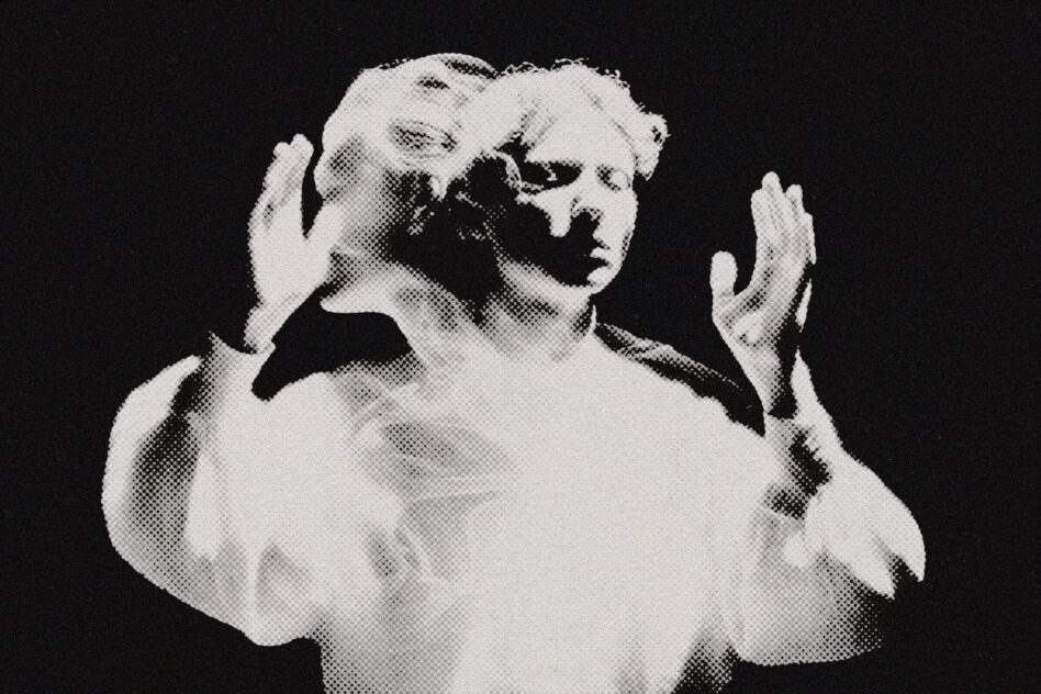 Classical halftone cherub statue rendered in grayscale dot pattern