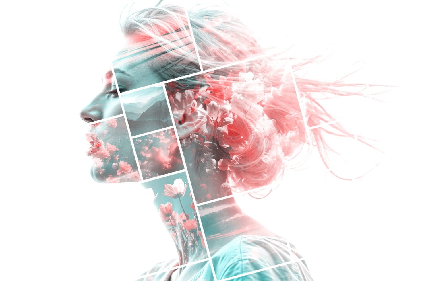 Side profile woman's face dissolving into pink floral fields misty landscape mosaic squares