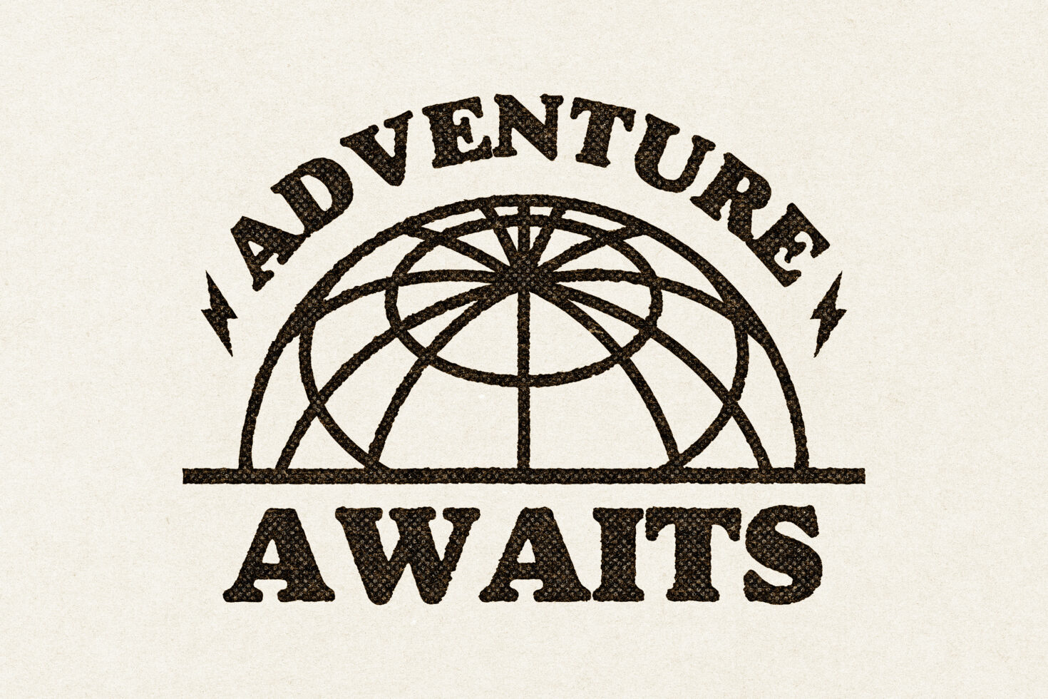 Retro circular ADVENTURE AWAITS badge with dome grid graphic element
