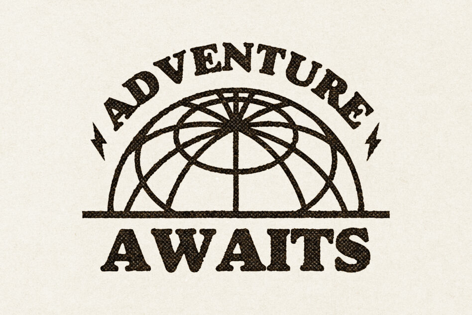 Retro circular ADVENTURE AWAITS badge with dome grid graphic element