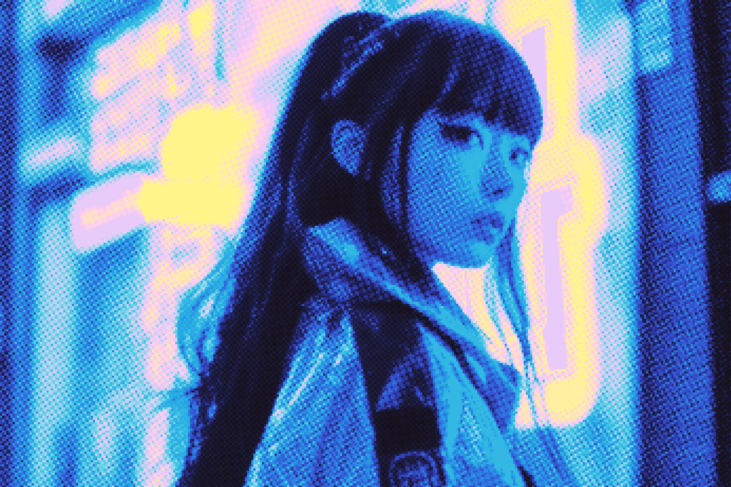 Pixelated portrait of woman in neon pastels with yellow glow background
