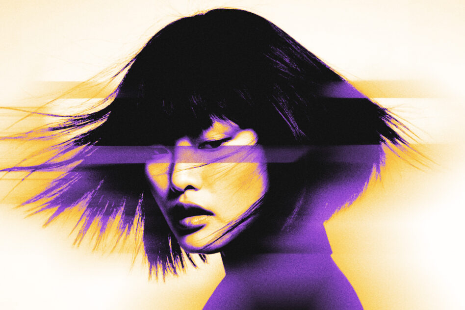 Portrait with flowing hair in yellow purple duotone color grading effect