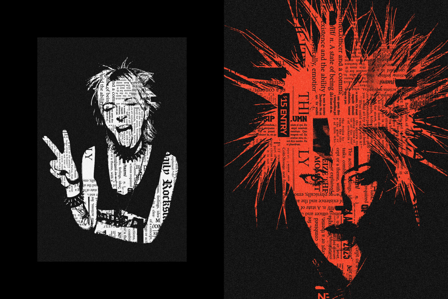 Rocker with peace sign in white newspaper collage next to red explosive head portrait