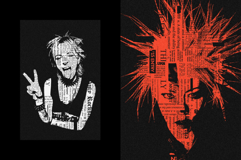 Rocker with peace sign in white newspaper collage next to red explosive head portrait
