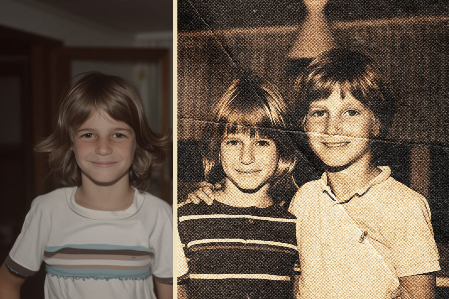 Before after halftone comparison of young boy portrait modern to vintage