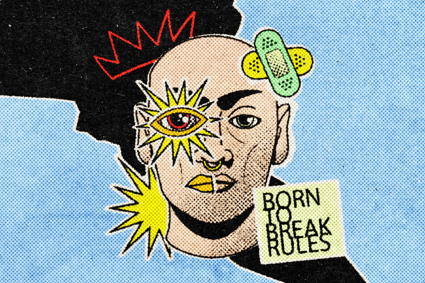 Comic style shark character in yellow jacket shown in solid vs halftone dot versions