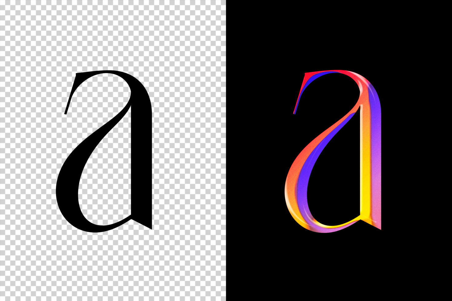 Letter Q shown in black outline then as colorful gradient 3D version