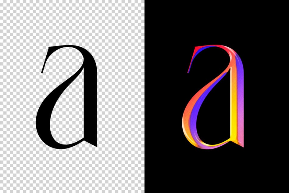 Letter Q shown in black outline then as colorful gradient 3D version