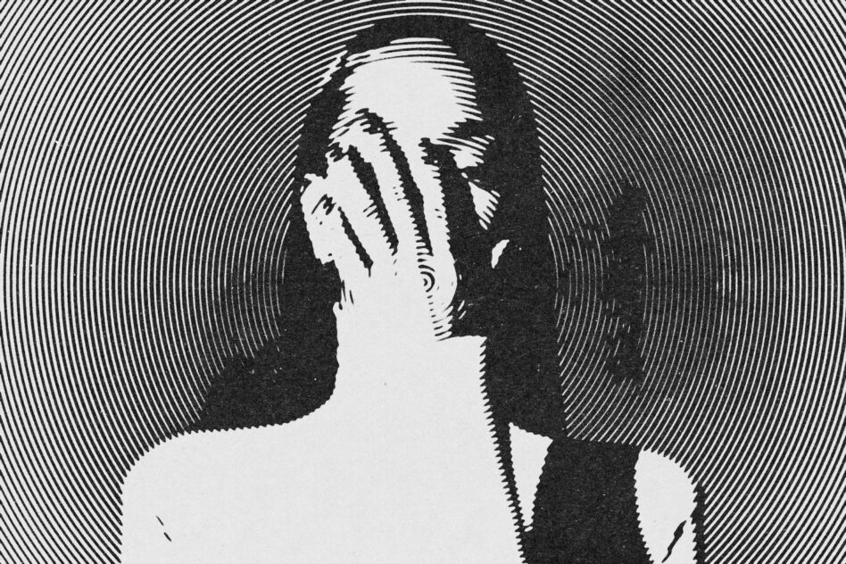 Face portrait with concentric circular line pattern covering entire background
