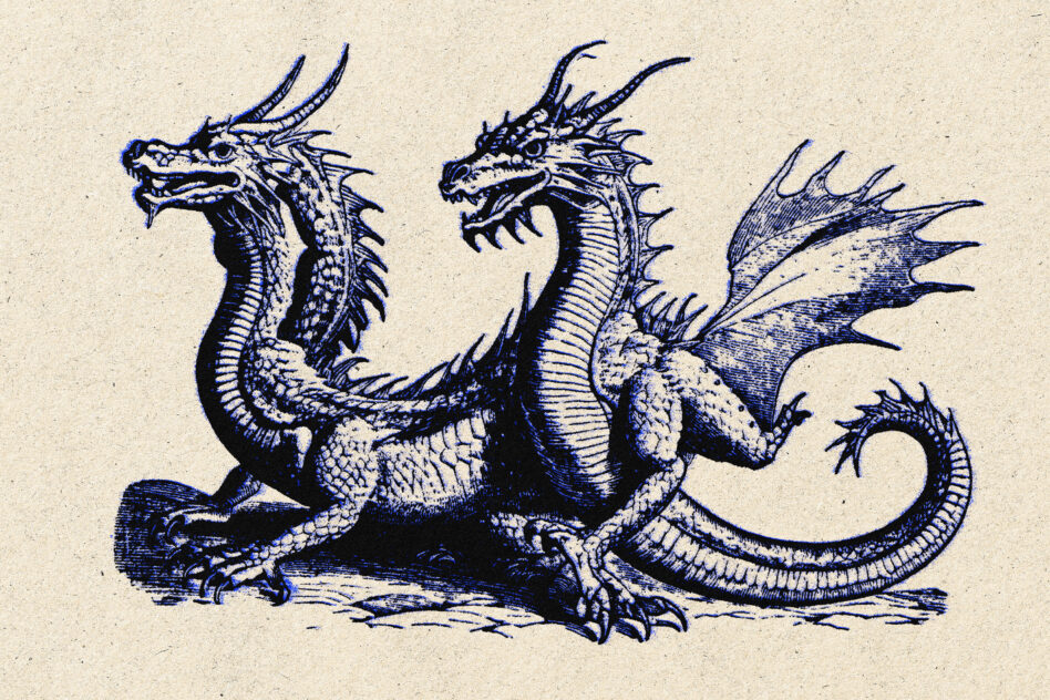 Intricate blue engraved three-headed dragon with scaled body, spined wings, curved horns on cream paper