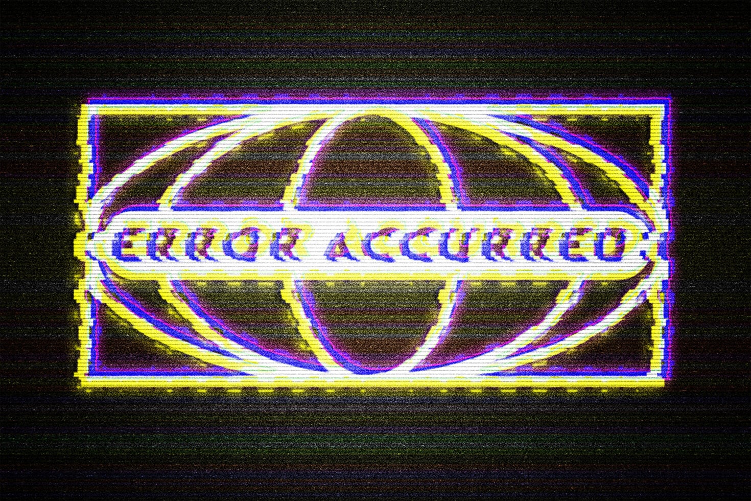 Neon ERROR ACCURRED text in yellow blue magenta glow on dark scanline background
