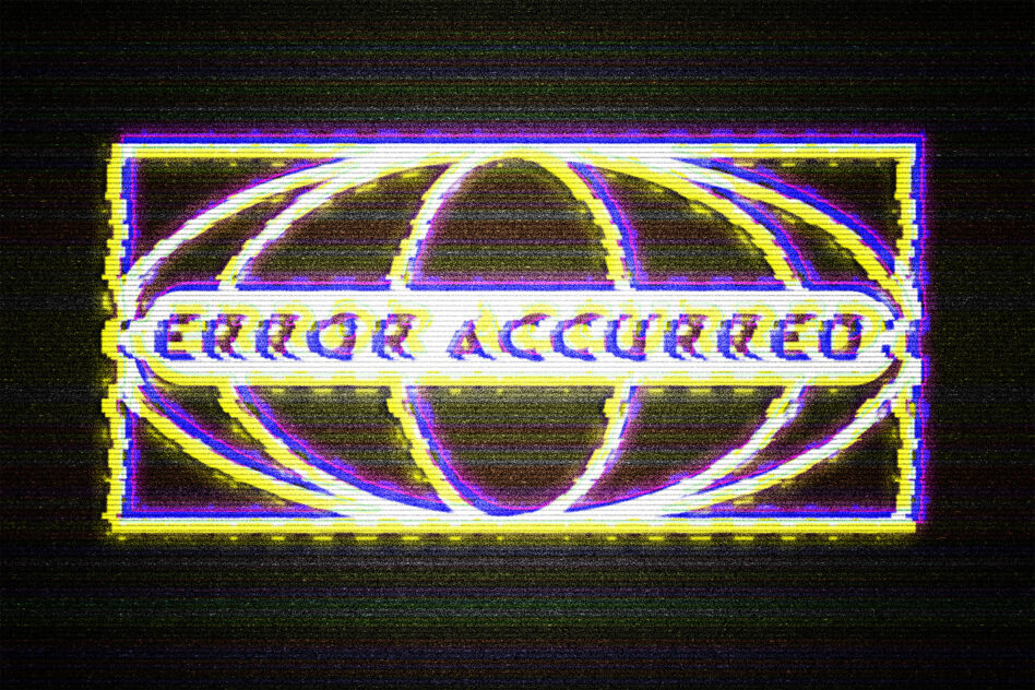 Neon ERROR ACCURRED text in yellow blue magenta glow on dark scanline background