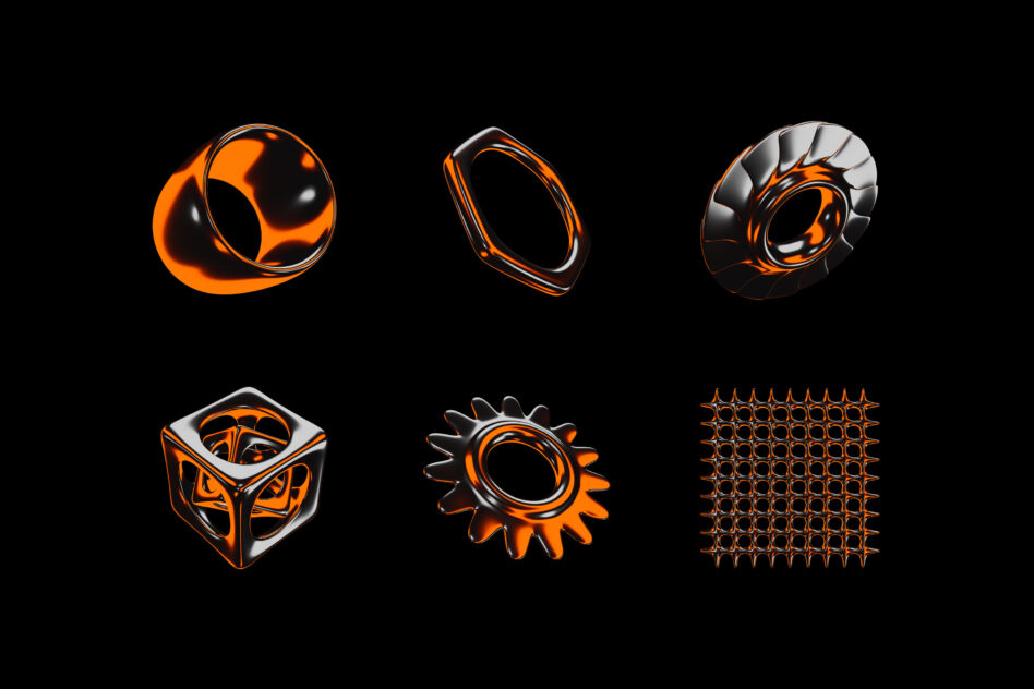 Six shiny orange geometric 3D forms including rings, cubes, spiky orbs