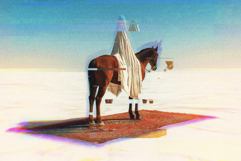 Figure in white robe on horse, desert scene with RGB color shift overlay