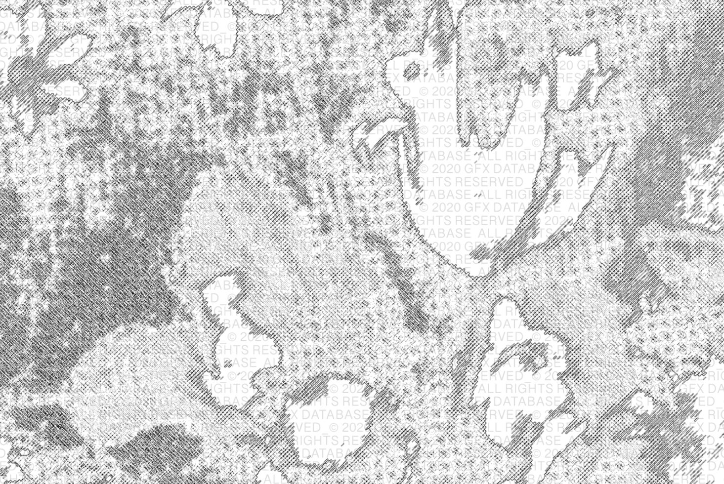 Dense black crosshatch linework with organic white flower shapes throughout